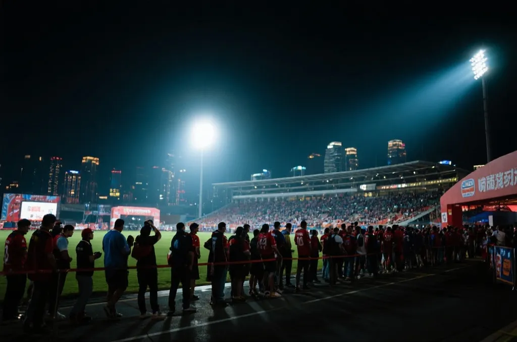 球迷在球场外排队入场,夜色与灯光交织